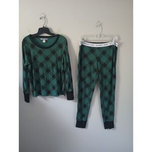 Victoria's Secret Women's Size Medium 2PC Pajama Set Green Buffalo Plaid Thermal